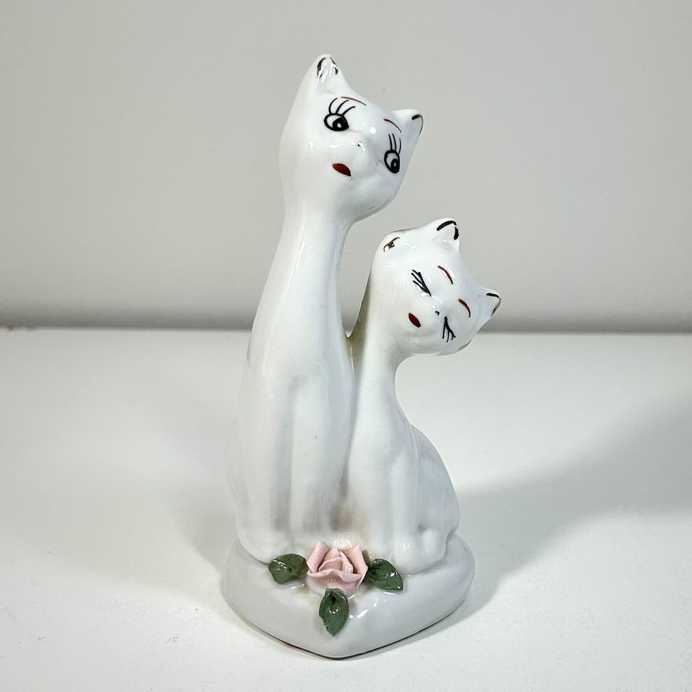 Vtg Mid- Century Long Neck Big Eye Cat & Kitten Flower Standing Tall Figurine